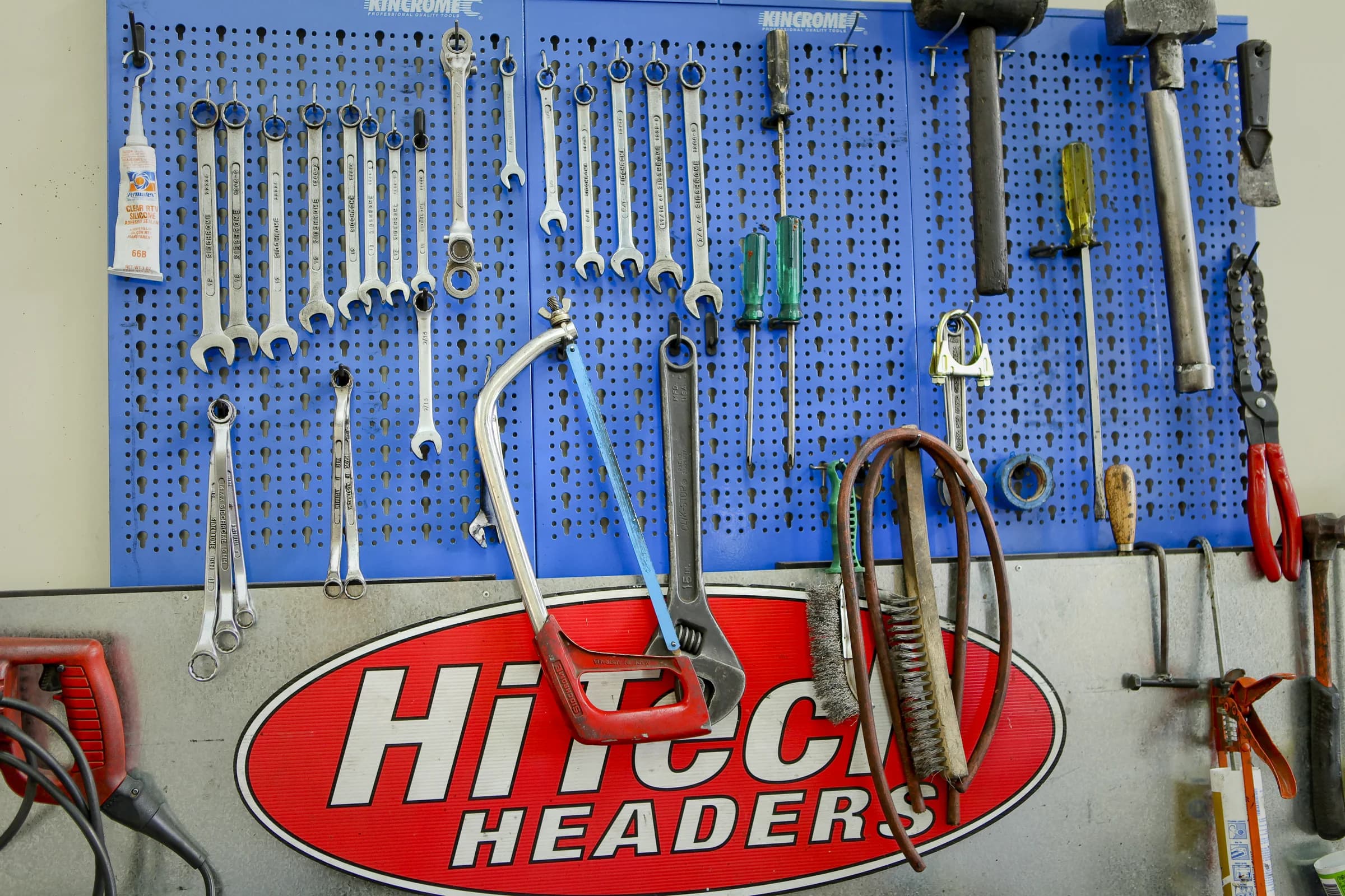 Spanners and hand tools on the workshop tool board